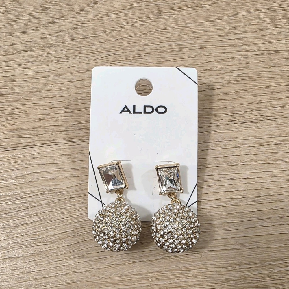 NWT ALDO Gold Sparkle Rhinestone Round Ball Glam Dangle Earrings